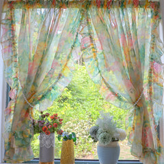 YICKYUE - Retro Printing Curtain Art Living Room Gauze Curtain Velcro Curtain Ruffled Door Curtain Partition Punch-Free Customizable