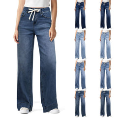 HEARUJOY - European American Women's Clothing New Lace-up Stretch Jeans, Loose Casual Straight-leg Temperament Wide-leg Jeans