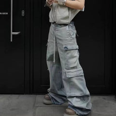 Hearujoy Multi-pockets Wide Leg Ribbons Jeans Pants for Men and Women Streetwear Baggy Denim Trousers Oversized Straight Cargos