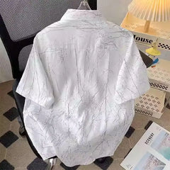 HEARUJOY - Men Fashion High Street Vintage Luxury Jacquard Lapel Button Down Shirt Summer Casual Short Sleeve Loose Tops Camisas De Hombre