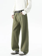 HEARUJOY - Korean Style Men’s Casual Pants for Spring Summer 100% Cotton Elastic Waist Solid Color Wide Leg Slacks Loose Straight Trousers