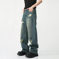 Hearujoy Ripped Jeans for Men Wide Leg Pants Hip Hop Distressed Denim Trousers Male Vintage Casual Japanese Streetwear Hippie