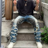 Hearujoy Harajuku Distressed Hole Tie Dye Color Match Patchwork Jeans for Men Straight Baggy Casual Pencil Pants Oversized Y2K Cargos