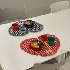 YICKYUE - Placemats Dining Table Korean Plaid Heart-shaped Placemat Water Cup Mat Cute Pleated Lace Mat Fabric Coaster Dining Mat