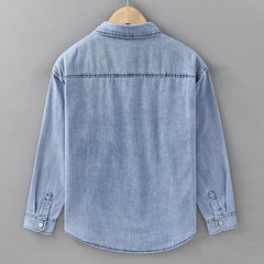 HEARUJOY - Men's Vintage Washed Denim Shirt Jacket 100% Cotton Chest Pocket Distressed Workwear Long Sleeve Casual Shirt for Spring Summer