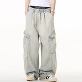 Hearujoy High Street Side Big Pockets Washed Baggy Mens and Womens Blue Jeans Pants Straight Ropa Hombre Loose Denim Trousers Oversized
