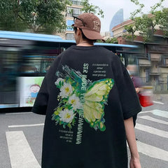 YICKYUE - Men's Cotton T-shirts White Mens Oversized T Shirt Casual Summer Wear Flower Butterfly Print 5XL Tee Shirts for Men Male Clothes