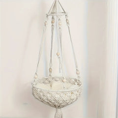 YICKYUE - 1pcs Bohemian Handwoven Cotton Rope Cat Hammock - Hanging Rattan Bed for Indoor Cats Pet Basket with Macrame Design