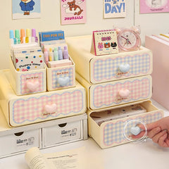 YICKYUE - Kawaii Cream Stationery Storage Box Organizer Large Capacity Student Dormitory Sundries Cosmetic Drawer-style Storage Rack Stack