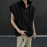HEARUJOY - Mens Half Zipper Shoulder Pad Vest Streetwear Fashion Stand Collar Plain Personality Sleeveless Top Men'S Clothing 2025 New