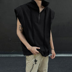 HEARUJOY - Mens Half Zipper Shoulder Pad Vest Streetwear Fashion Stand Collar Plain Personality Sleeveless Top Men'S Clothing 2025 New