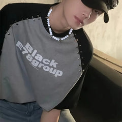 HEARUJOY - Korean T Shirts Men Summer Short Sleeve Rivet Splicing T-shirt Letter Print Y2k Loose Casual Color Block High-quality Tee Tops