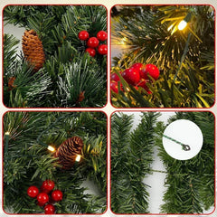 YICKYUE - 2.7M Christmas Decoration Garland Wreath with LED Lights, Artificial Green Pine Rattan Hanging Christmas Decor for Door Stairs