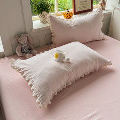 YICKYUE - Korean Pink Bedding Set Coquette Aesthetic Duvet Cover Set Soft Pastel Muted Tone Single Size Double Bed Sheet Set For Bedroom