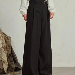 HEARUJOY - Mens Wide Leg Pants Retro Simplicity High Waisted Fashion Straight Leg Suit Trousers Button Trend Solid Pantalones Thin