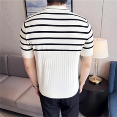 HEARUJOY - Men's Summer Ice Silk Slim Polo Shirt - Striped Knit Color-Blocked V-Neck Short Sleeve Top for Breathable Stylish Casual Wear
