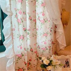 YICKYUE - French Idyllic Double-layer Ruffle Side Lace Flowers Curtains Living Room Polyester Cotton Pink Curtain Cloth Kitchen #A369