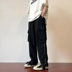Hearujoy Pocket Wide Leg Cargo Pants Men's Women's Streetwear Tunic Straight Pants Women's High Waist Loose Hip Hop Cargo Pants
