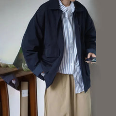 Hearujoy Spring And Autumn Fashion Casual Loose Retro Jacket Unisex Solid Color Lapel Basic Versatile Functional Jacket Coat For Men