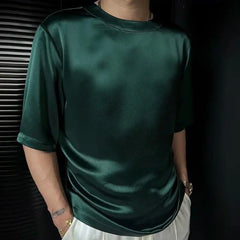 HEARUJOY - Summer New Men's Solid Color Shiny Short-Sleeved T-Shirt American Retro Fashion Trend Leisure Loose Breathable Niche Men's Tops