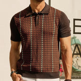 HEARUJOY - Summer New Men's Houndstooth Jacquard Short-Sleeved Knitted Polo Shirt Retro Fashion Trend Casual Loose Daily Business Mens Tops