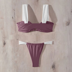 HEARUJOY - Women Sexy Swimwear Solid Bikini Two-Piece Swimwear Sleeveless Low V-Neck Swimsuit Tights Summer Beach Set