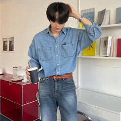 Hearujoy 2024 Spring Clothing Men's Denim Long-sleeved Pocket Shirt Casual Korean Turn down Button Streetwear Luxury Big Size Stylish