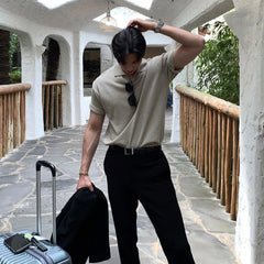 Hearujoy Men's Luxury Knitted V Neck Polo Shirt Leisure Solid Color Short Sleeve T-shirt Breathable Fashion Korean Popular Knitwear