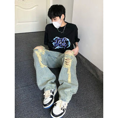 Hearujoy American Y2k Street Hip-hop Heavy Industry Ripped Men's Jeans Spring Straight Loose Vibe Style Street Dance Trendy Pants