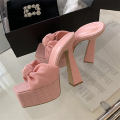 Hearujoy Summer Sexy Chunky Open Toe Slippers Woman Platform Butterfly-knot Banquet Party Sandals Super High Heels Slide Shoes for Women