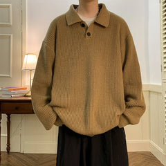 HEARUJOY - Vintage Mens Polo Neck Sweater Autumn Winter Long Sleeved Knitted Top Japanese Lazy Style Fashion Loose Knit Sweater Thick