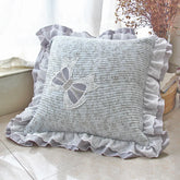 YICKYUE - Floral Quilted Pillow Cover 45x45cm - Ruffled Lace Trim with Bow, Decorative Cushion Cover for Sofa/Bedroom, Home Décor