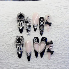 YICKYUE - 10PCS Handmade Press on Nails Spicy Girls Black Pink Long Almond Fake Nails Wearable Heavy Metal Rhinestome Bow False Nails
