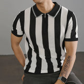 HEARUJOY - Men's Half-Zip Striped Knitted Short-Sleeved Polo Shirt American Retro Fashion Trend Casual Simple Loose Breathable Men's Tops