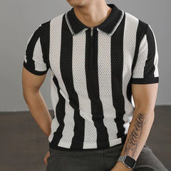 HEARUJOY - Men's Half-Zip Striped Knitted Short-Sleeved Polo Shirt American Retro Fashion Trend Casual Simple Loose Breathable Men's Tops