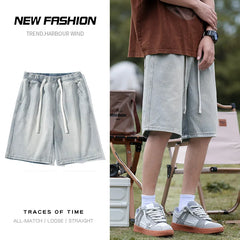 Hearujoy Summer Men's Wide Leg Denim Shorts Japanese Simple and Loose Fitting Casual Knee Length Capris Fashion Baggy Versatile Shorts