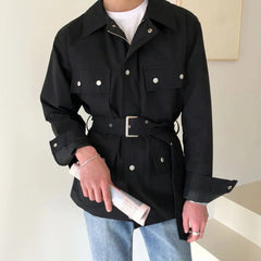 Hearujoy Mens Casual British Lace-Up Short Jacket Autumn Genderless Fashion Elegant Retro Multi-Pocket Metal Decorated Jacket Unisex