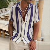 HEARUJOY - New Men's Slub Cotton Shirt Stripe Short Sleeve Collar Cardigan Summer Fashion Loose Oversize Shirts Top Streetwear Male