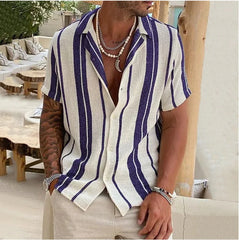 HEARUJOY - New Men's Slub Cotton Shirt Stripe Short Sleeve Collar Cardigan Summer Fashion Loose Oversize Shirts Top Streetwear Male