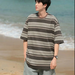 HEARUJOY - Striped Top Man Tee Shirts Loose T Shirt for Men Kpop Original Luxury High Quality Cheap Clothes Casual New in Harajuku Funny