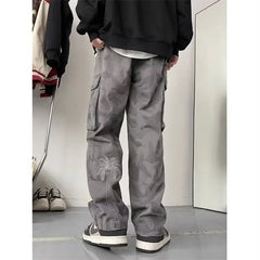 HEARUJOY - Washed Camouflage Work Pants American Retro Military Green Embroidered High Street Versatile Straight Casual Trousers