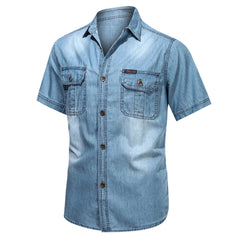 HEARUJOY - Vintage Street Denim Shirts For Men Male Summer Solid Shirt Short Sleeve Pocket Turn Down Button Shirt Hemden FüR MäNner