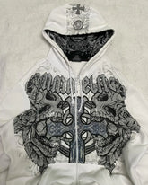 Hearujoy Affliction Hoodie Retro Gothic Skull Oversize Zipper Hoodie Mens Womens Hip Hop Casual Sweatshirt Personality Hooded Jacket Coat