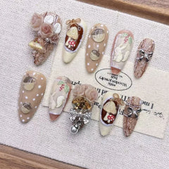 YICKYUE - New Heavy Industry Cartoon Short Press on Nails Cute False Nails with Squirrel Relief Sculpture Handmade Nail Tips 네일팁