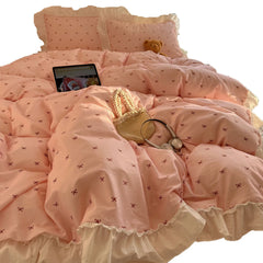 YICKYUE - 3/4Pcs Bedding Set Korean Princess 100% Cotton Pink Bed Sheet Ruffle Couple Quilt Duvet Cover Beddings Sets Full For Home
