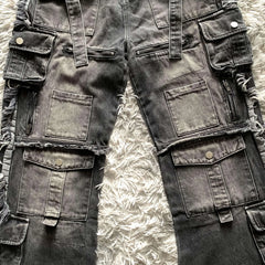 Hearujoy New Heavy Industry Punk Multi-Pocket Harajuku Washed Jeans Women's High Waisted Baggy Jeans Men's Y2K Hip-Hop Wide Leg Pants