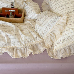 YICKYUE - French Cottage Vintage Floral 100% Cotton Bedding Set 4Pcs Shabby Chic Eyelet Ruffled Duvet Cover Set Bed Linen for Queen Bed
