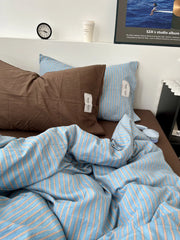 YICKYUE - Washed Cotton Stripe Mix Matching Bloggers Style Bedding Set Pure Cotton Three Piece Duvet Cover Student Four Piece Sheet Set