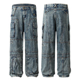 Hearujoy Vintage Multipockets Washed Blue Baggy Mens jeans Straight High Streeet Pleated Loose Cargo Pants Oversize Unisex Denim Trousers