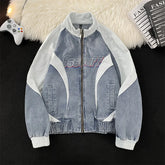 Hearujoy American Street Denim Patchwork Embroidered Stand Up Collar Jacket for Men Women Loose Versatile Casual Corduroy Bomber Jacket